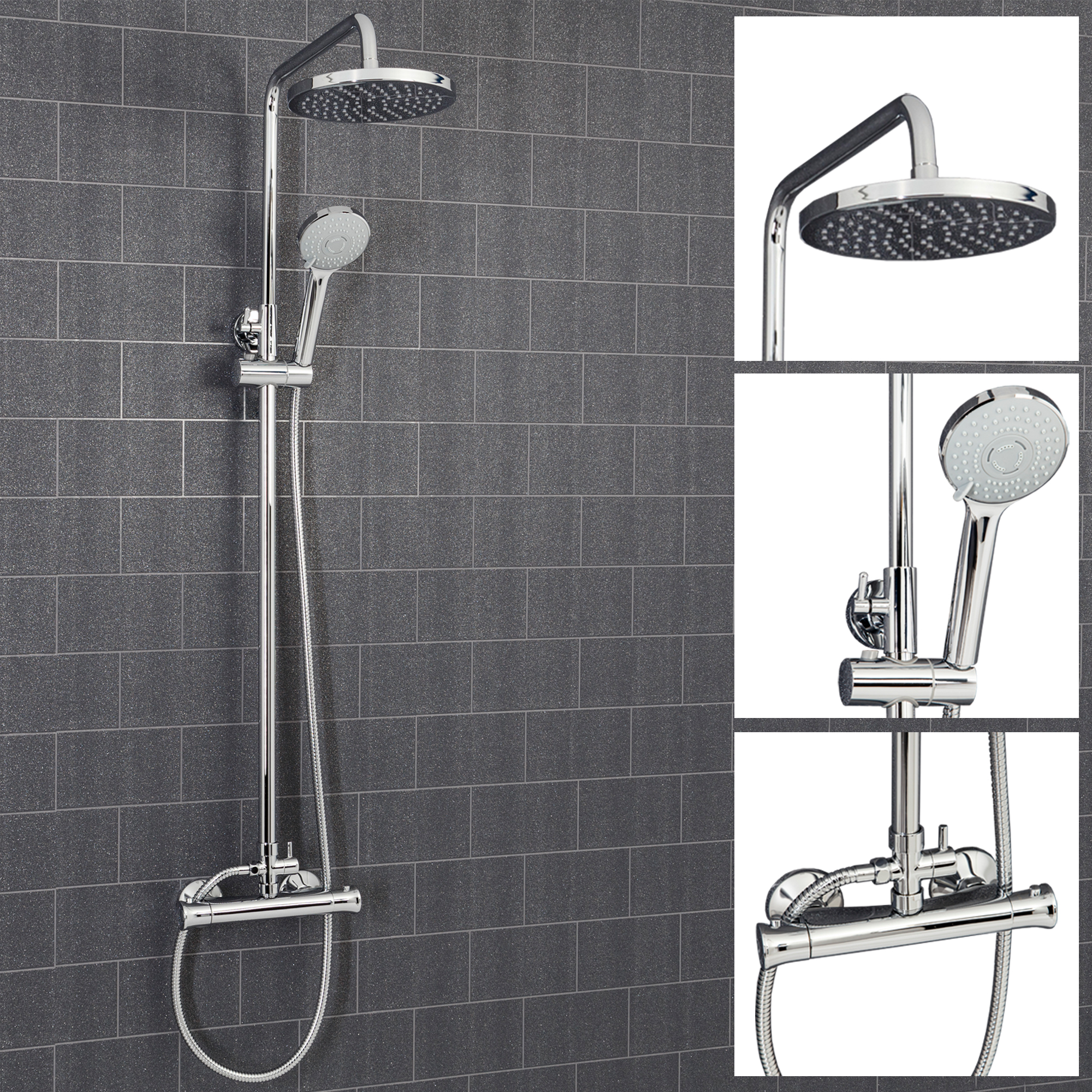 Bathroom Shower Mixer Thermostatic Set Twin Head Chrome Exposed Valve