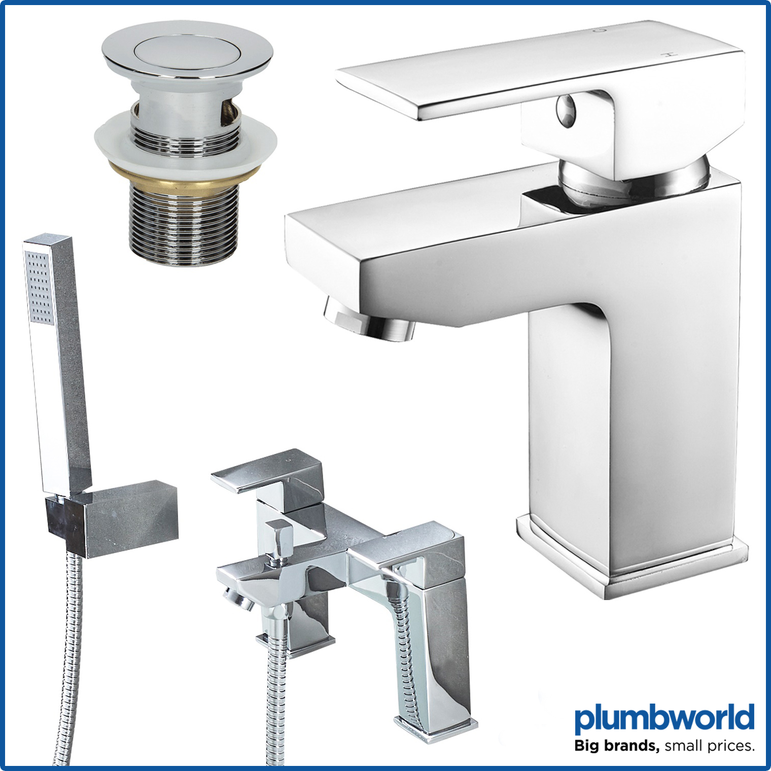 Modern Chrome Bathroom Square Tap Sets Basin & Bath Taps with Shower
