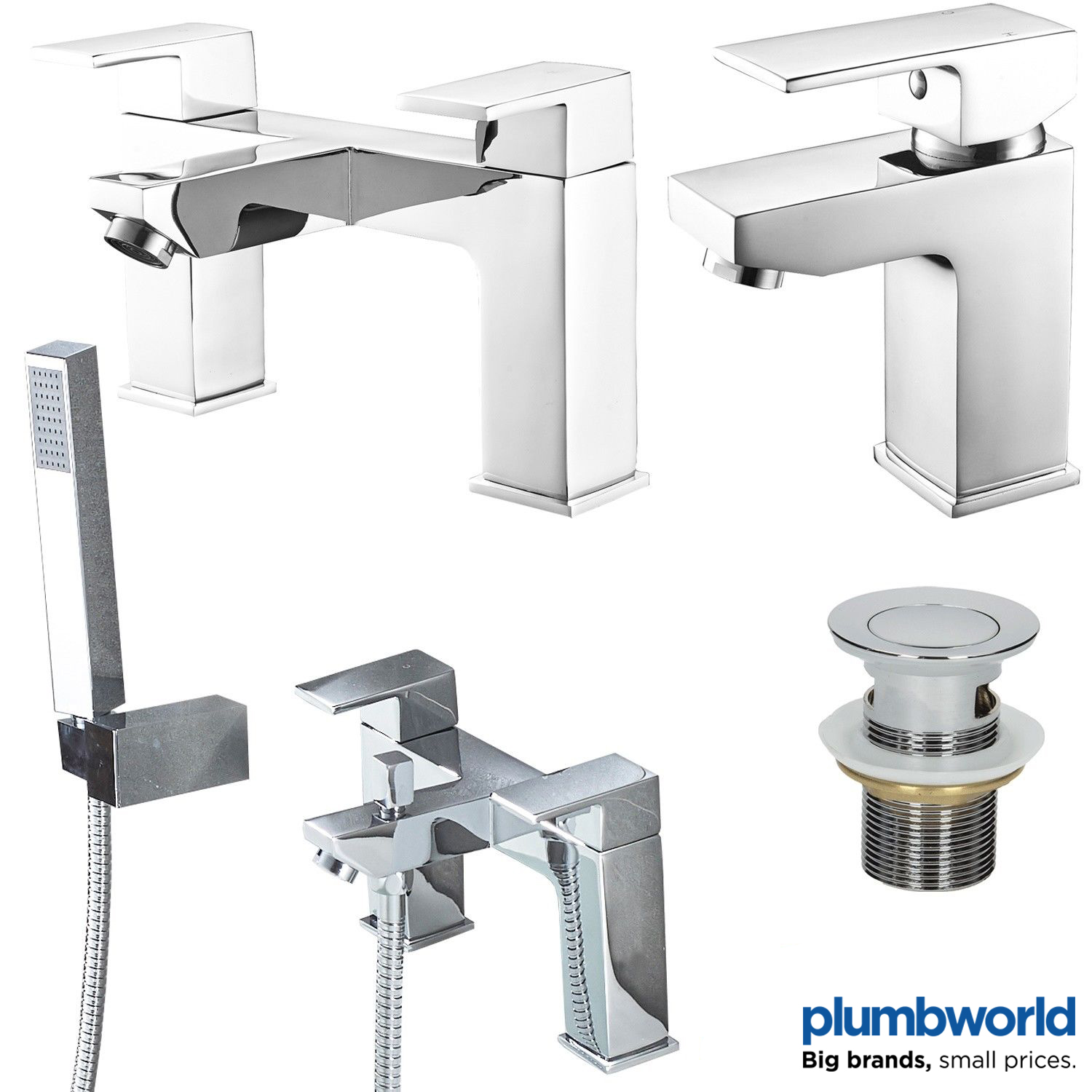 Modern Chrome Bathroom Square Tap Sets Basin & Bath Taps with Shower
